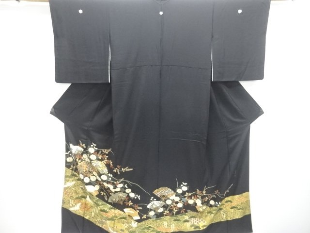 JAPANESE KIMONO / TOMESODE / EMBROIDERY / FAN WITH FLOWER & CRANE
